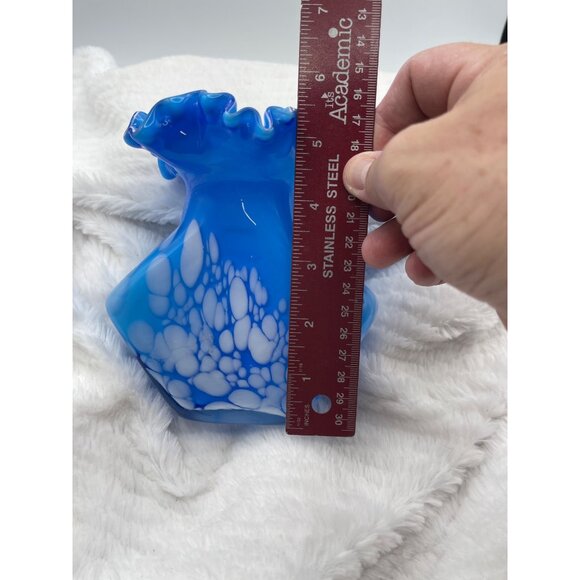 Vintage Hand-Blown Vase Bright Sky Blue and White Accents, Ruffled Edge - Picture 8 of 10